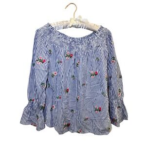 Miss Me Women Blue White Striped Floral Embroidered Off Shoulder Blouse